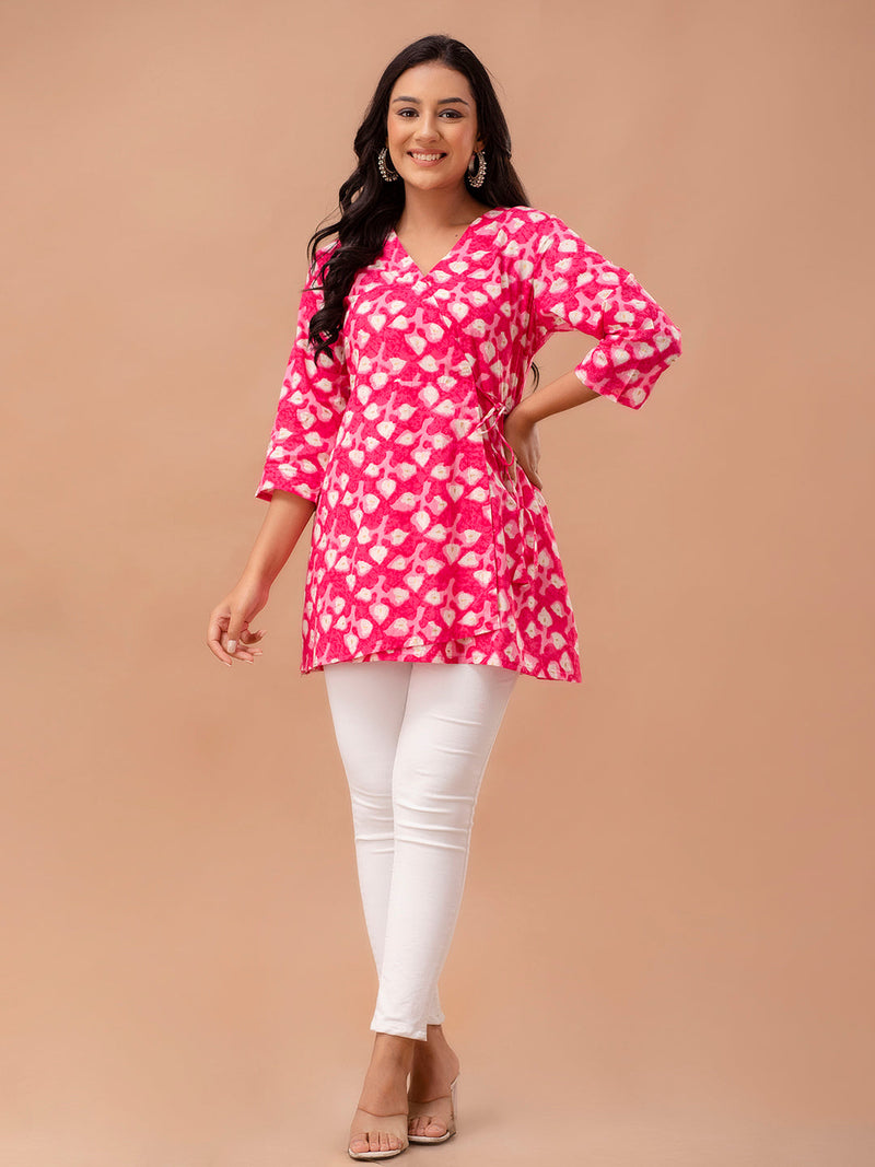 Floral Printed V-Neck Pure Cotton Angrakha A-Line