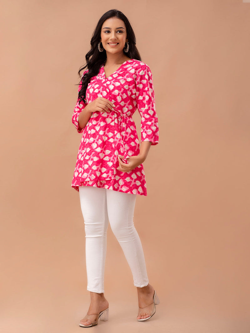 Floral Printed V-Neck Pure Cotton Angrakha A-Line