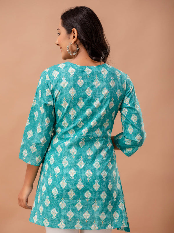 Floral Printed V-Neck Pure Cotton Angrakha A-Line