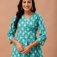 Floral Printed V-Neck Pure Cotton Angrakha A-Line