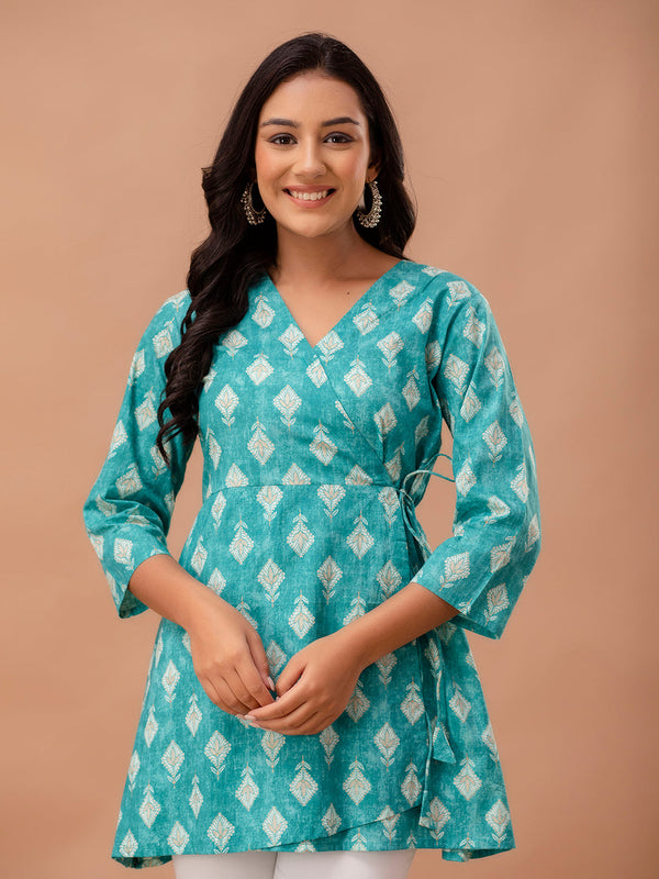 Floral Printed V-Neck Pure Cotton Angrakha A-Line