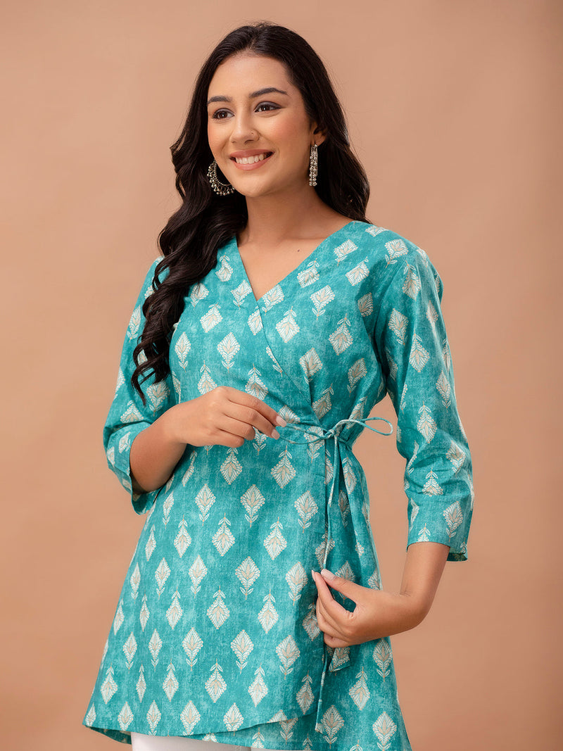 Floral Printed V-Neck Pure Cotton Angrakha A-Line