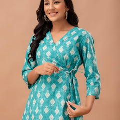 Floral Printed V-Neck Pure Cotton Angrakha A-Line