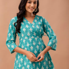 Floral Printed V-Neck Pure Cotton Angrakha A-Line