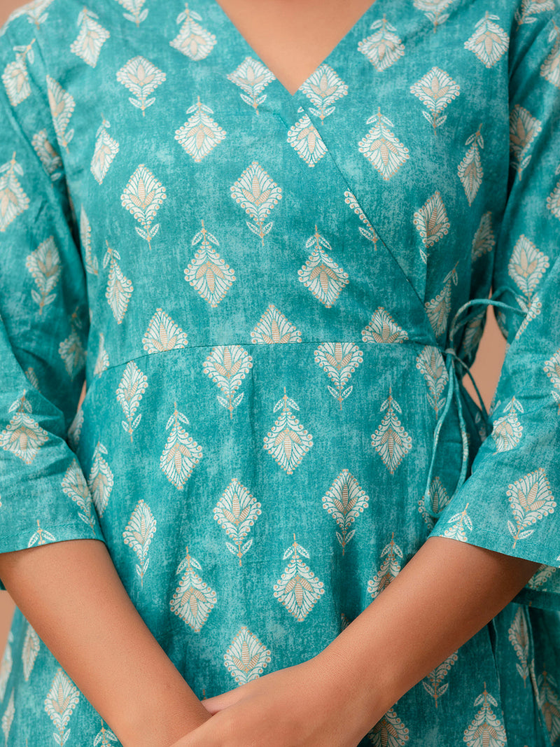 Floral Printed V-Neck Pure Cotton Angrakha A-Line