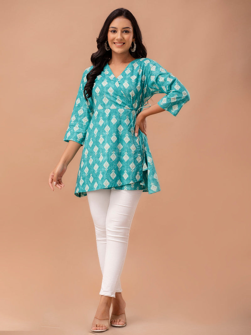 Floral Printed V-Neck Pure Cotton Angrakha A-Line