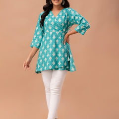 Floral Printed V-Neck Pure Cotton Angrakha A-Line