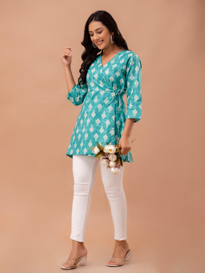 Floral Printed V-Neck Pure Cotton Angrakha A-Line