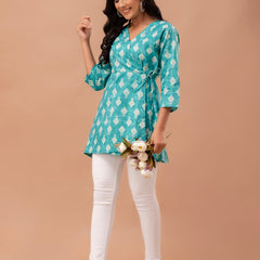 Floral Printed V-Neck Pure Cotton Angrakha A-Line