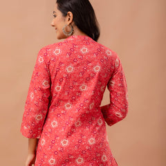 Floral Printed Pure Cotton Pleated A-Line Kurti