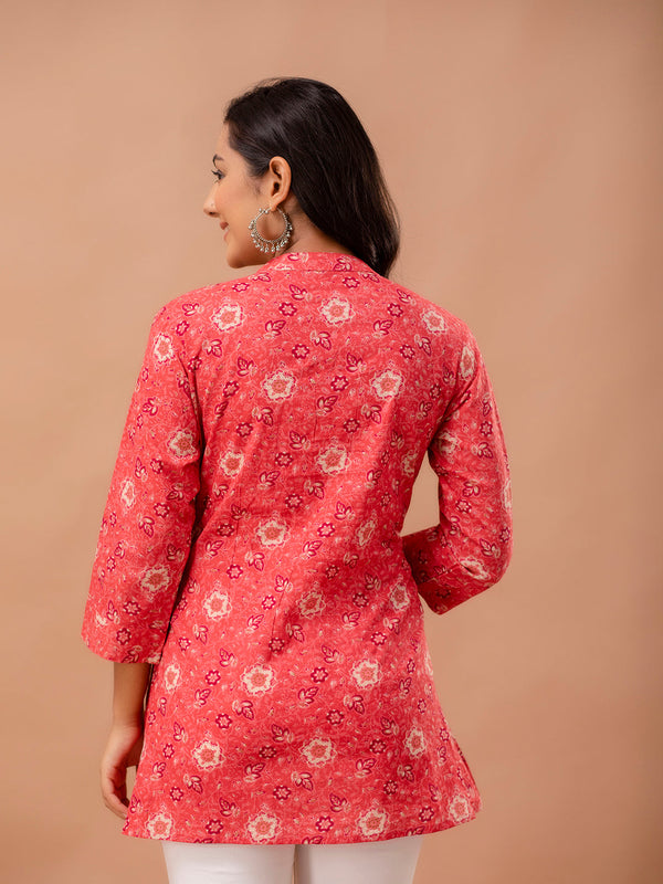 Floral Printed Pure Cotton Pleated A-Line Kurti