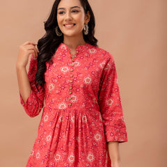 Floral Printed Pure Cotton Pleated A-Line Kurti