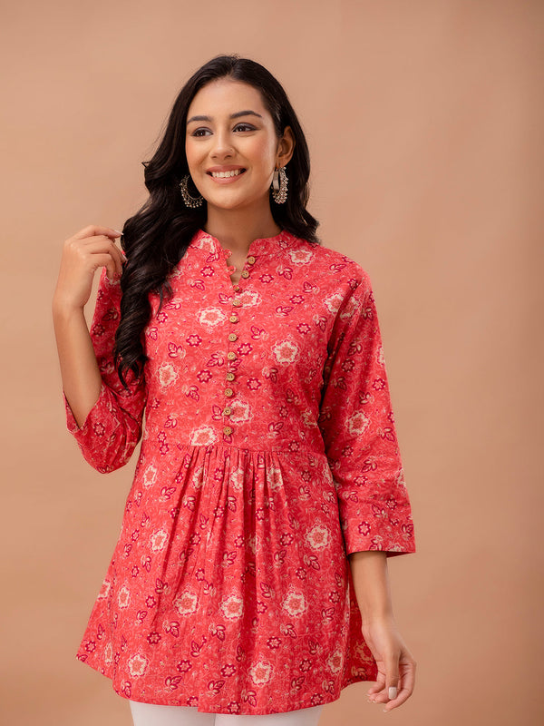 Floral Printed Pure Cotton Pleated A-Line Kurti