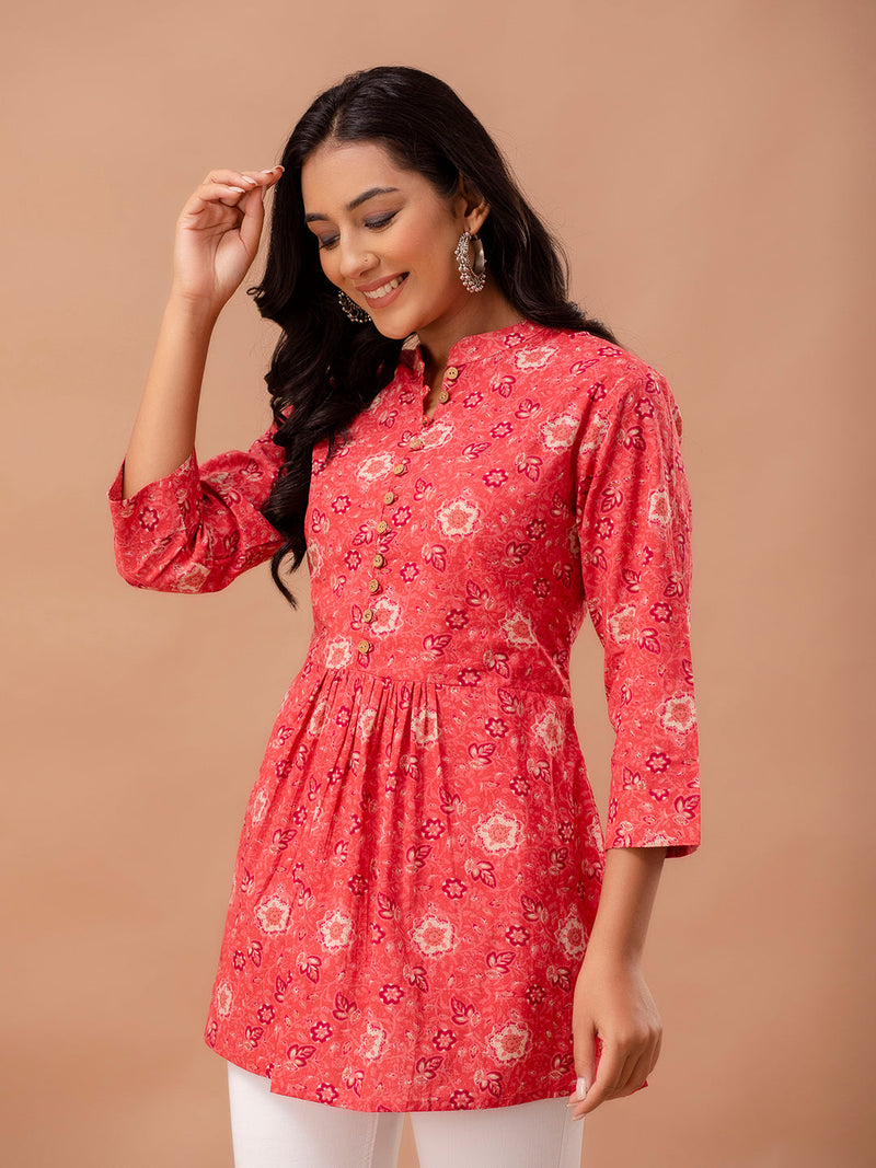 Floral Printed Pure Cotton Pleated A-Line Kurti