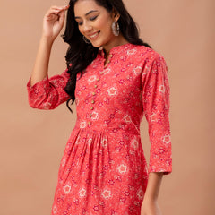 Floral Printed Pure Cotton Pleated A-Line Kurti