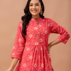 Floral Printed Pure Cotton Pleated A-Line Kurti