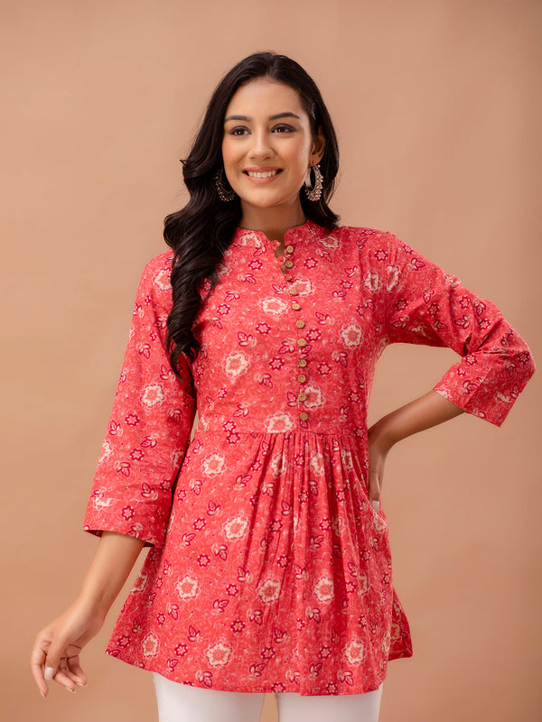 Floral Printed Pure Cotton Pleated A-Line Kurti