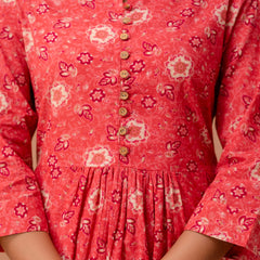 Floral Printed Pure Cotton Pleated A-Line Kurti