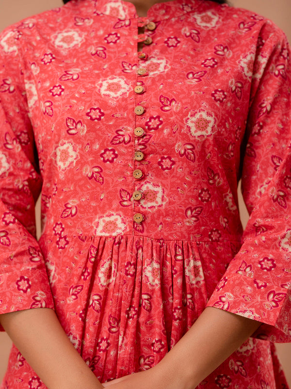 Floral Printed Pure Cotton Pleated A-Line Kurti