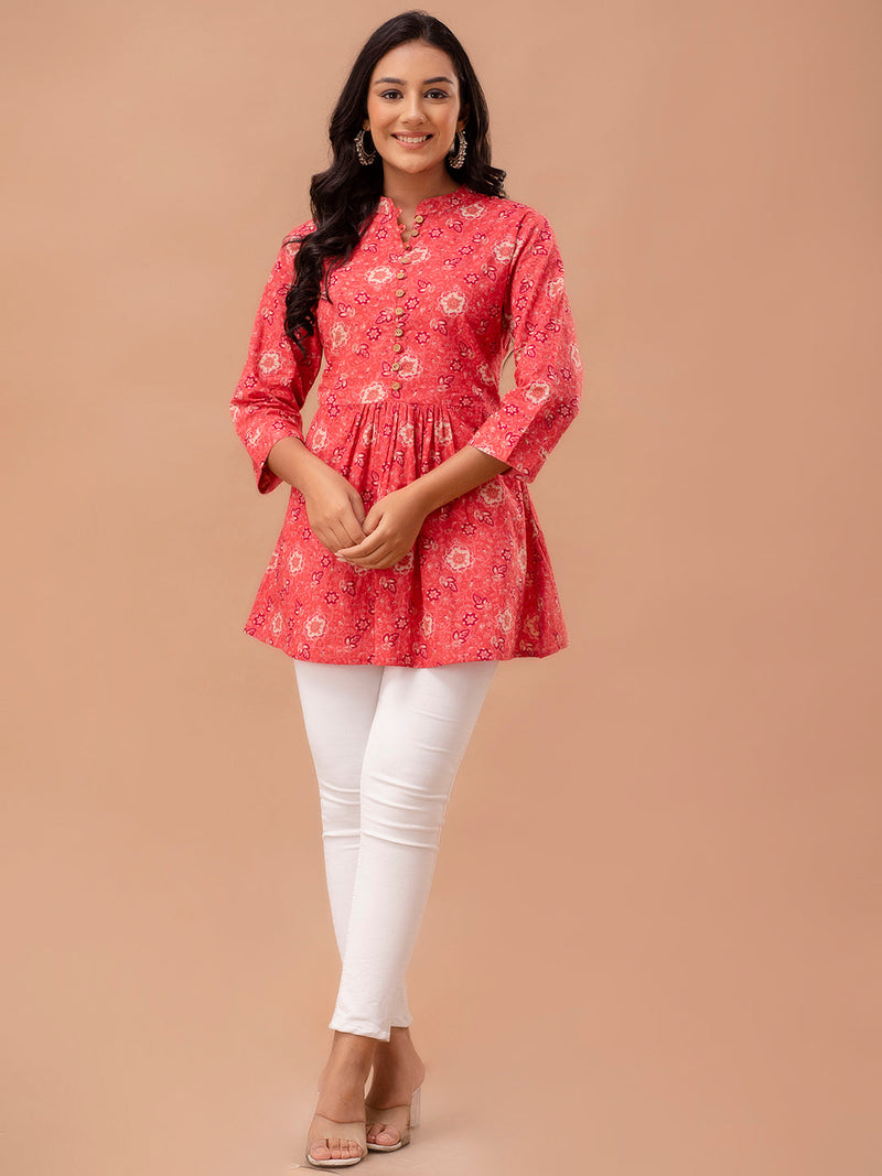 Floral Printed Pure Cotton Pleated A-Line Kurti
