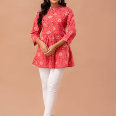 Floral Printed Pure Cotton Pleated A-Line Kurti