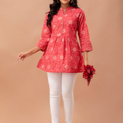Floral Printed Pure Cotton Pleated A-Line Kurti