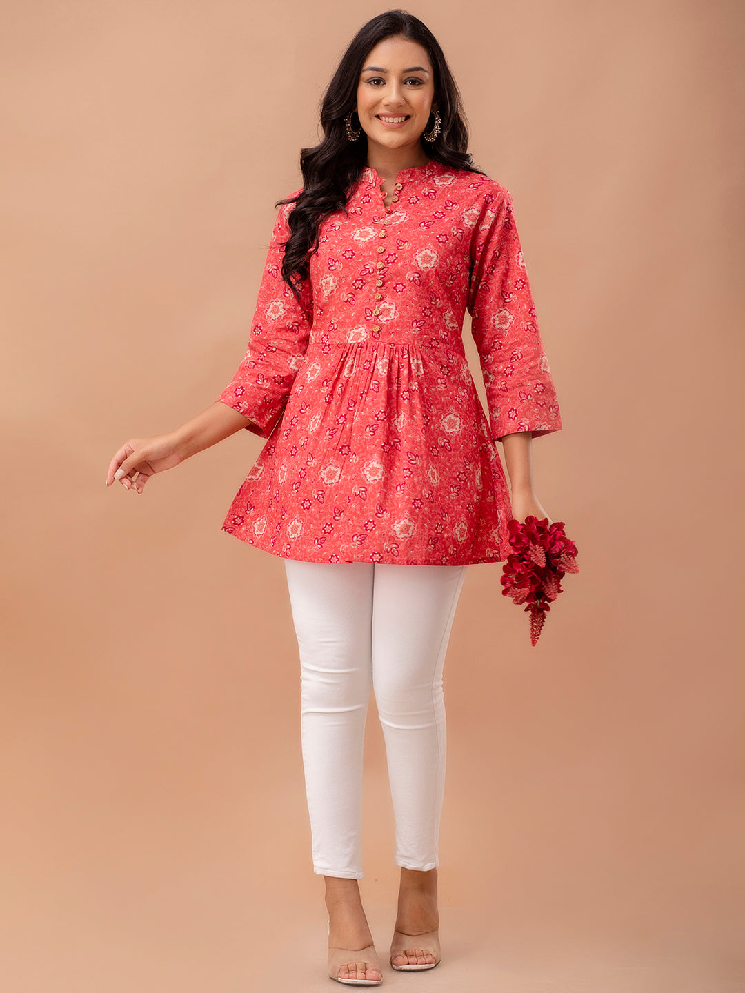 Floral Printed Pure Cotton Pleated A-Line Kurti FRKT6230