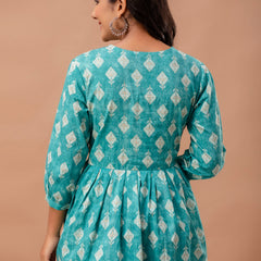 Floral Printed V-Neck Pure Cotton Pleated A-Line Kurti
