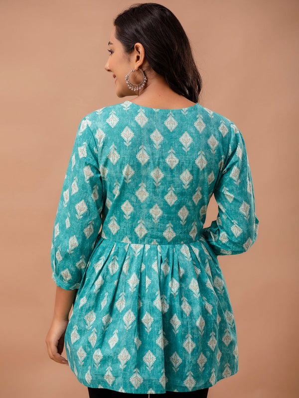 Floral Printed V-Neck Pure Cotton Pleated A-Line Kurti