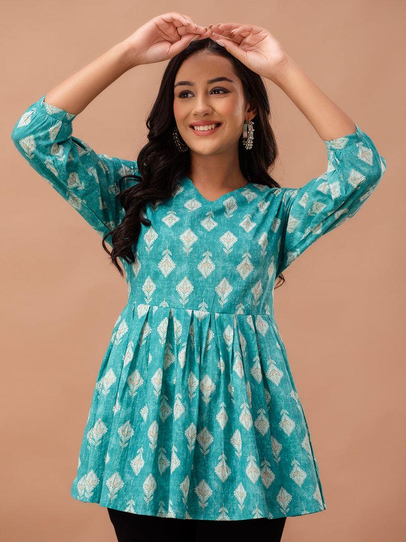 Floral Printed V-Neck Pure Cotton Pleated A-Line Kurti