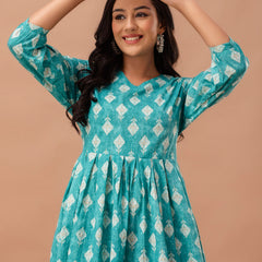 Floral Printed V-Neck Pure Cotton Pleated A-Line Kurti