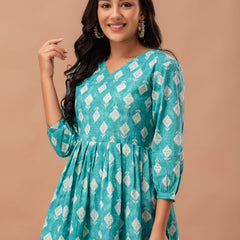 Floral Printed V-Neck Pure Cotton Pleated A-Line Kurti