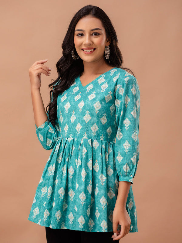 Floral Printed V-Neck Pure Cotton Pleated A-Line Kurti