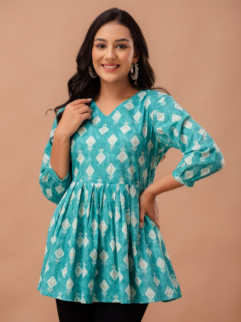 Floral Printed V-Neck Pure Cotton Pleated A-Line Kurti