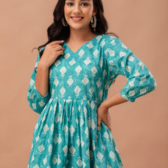 Floral Printed V-Neck Pure Cotton Pleated A-Line Kurti