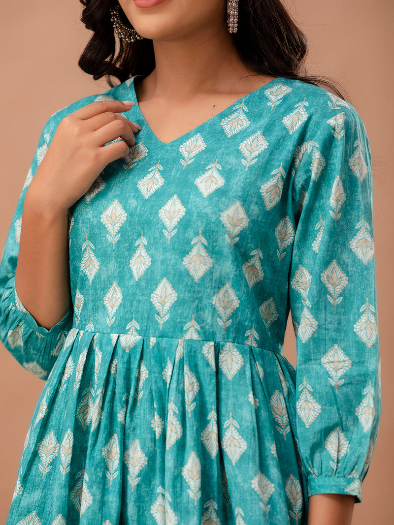 Floral Printed V-Neck Pure Cotton Pleated A-Line Kurti