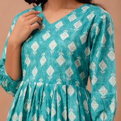 Floral Printed V-Neck Pure Cotton Pleated A-Line Kurti