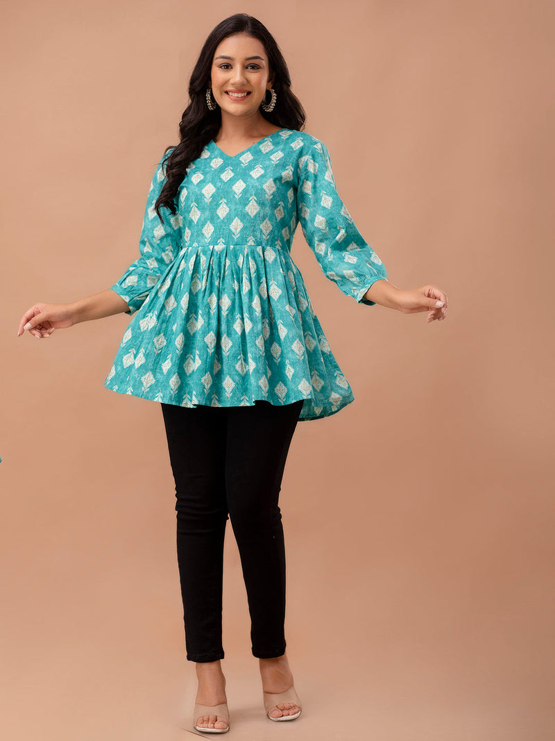 Floral Printed V-Neck Pure Cotton Pleated A-Line Kurti