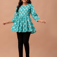 Floral Printed V-Neck Pure Cotton Pleated A-Line Kurti