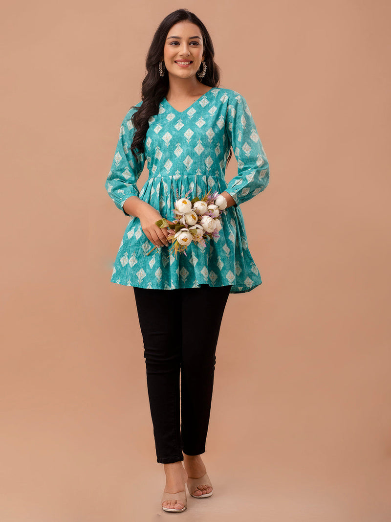 Floral Printed V-Neck Pure Cotton Pleated A-Line Kurti
