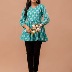 Floral Printed V-Neck Pure Cotton Pleated A-Line Kurti