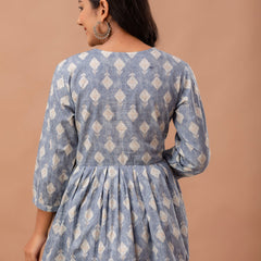 Floral Printed V-Neck Pure Cotton Pleated A-Line Kurti