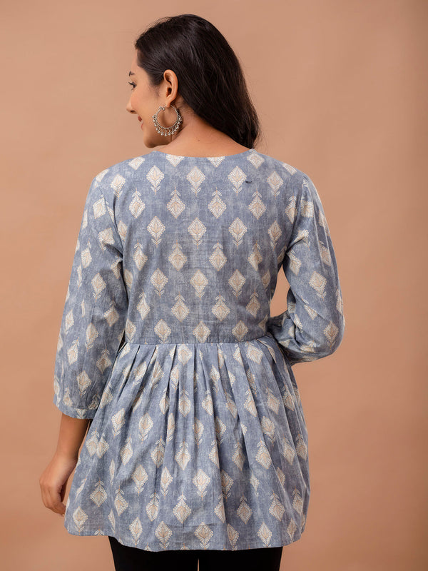Floral Printed V-Neck Pure Cotton Pleated A-Line Kurti