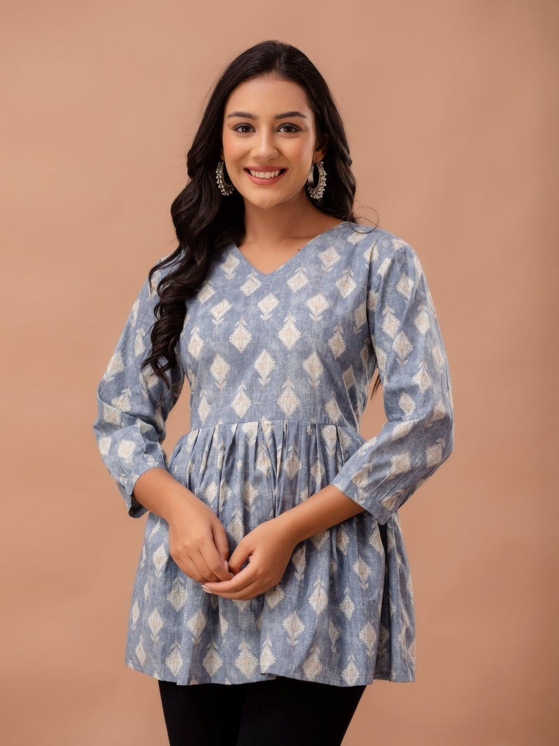 Floral Printed V-Neck Pure Cotton Pleated A-Line Kurti