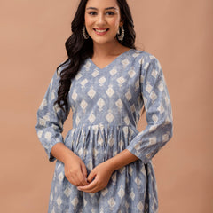 Floral Printed V-Neck Pure Cotton Pleated A-Line Kurti