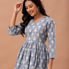 Floral Printed V-Neck Pure Cotton Pleated A-Line Kurti