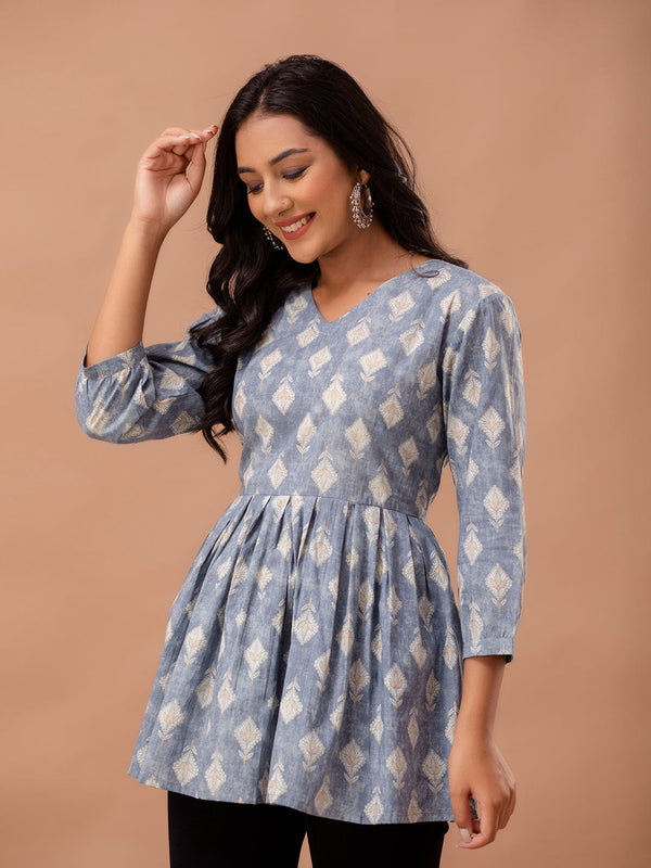 Floral Printed V-Neck Pure Cotton Pleated A-Line Kurti