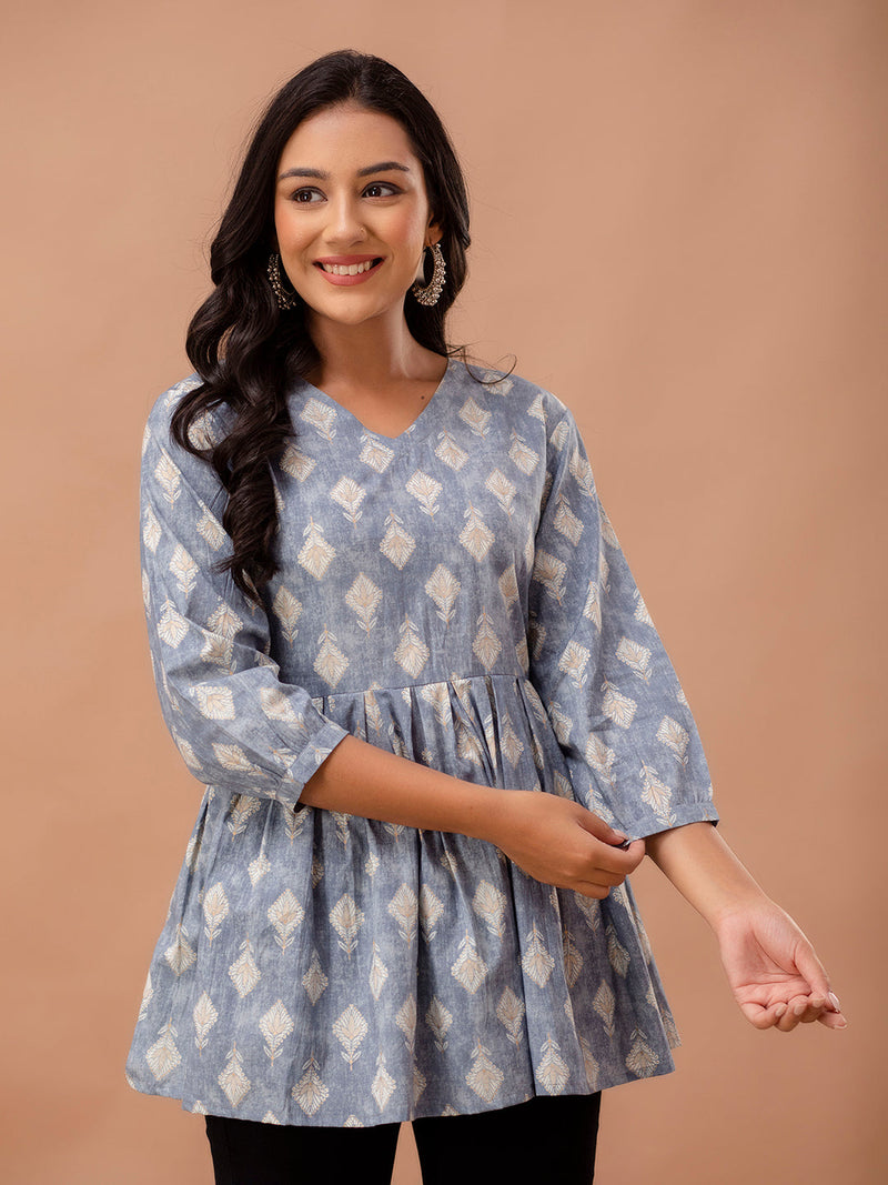 Floral Printed V-Neck Pure Cotton Pleated A-Line Kurti