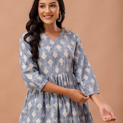 Floral Printed V-Neck Pure Cotton Pleated A-Line Kurti
