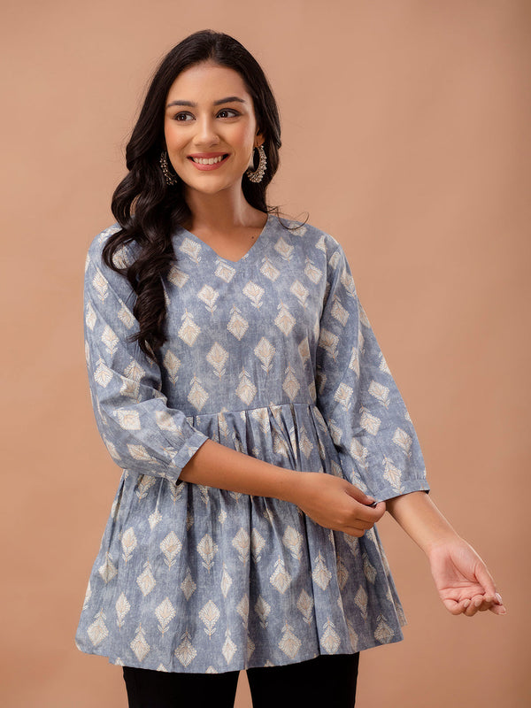 Floral Printed V-Neck Pure Cotton Pleated A-Line Kurti